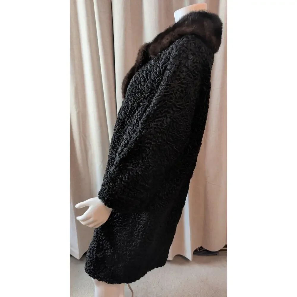 Vintage Black Curly Persian Lamb Long Jacket Coat Mink Collar 1960s FLAWS Size L